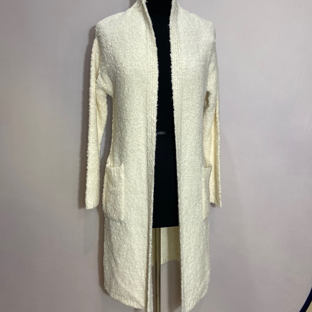 Self Contrast Knit Cardigan Duster Sweater Pockets Ivory Knit NWT